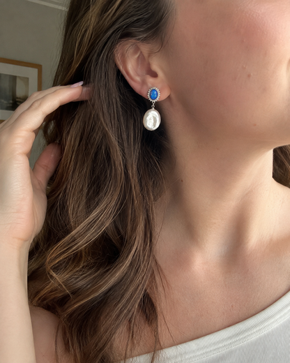 18K Gold Large Baroque Pearl Blue Halo Drop Earrings