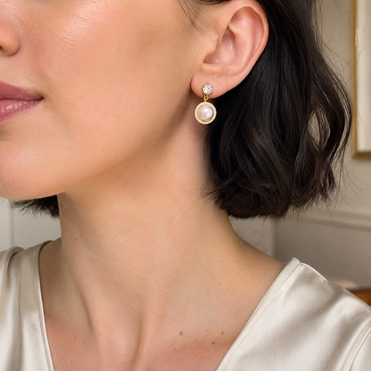 18K Gold Freshwater Pearl Halo Drop Earrings