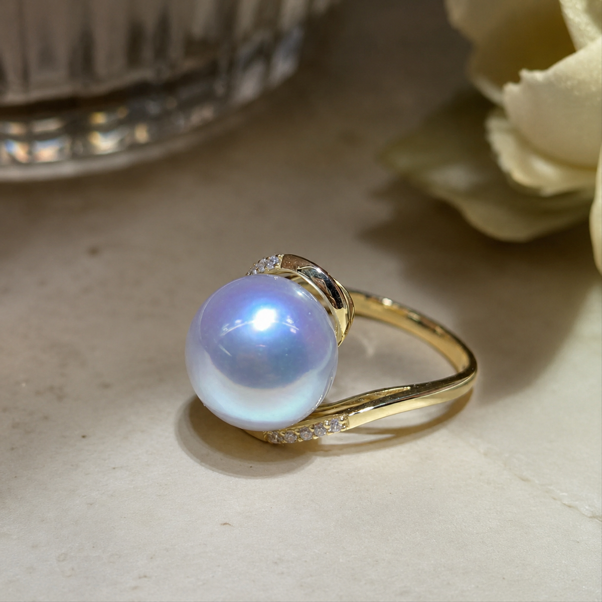 Cultured Pearl Adjustable Pavé Ring