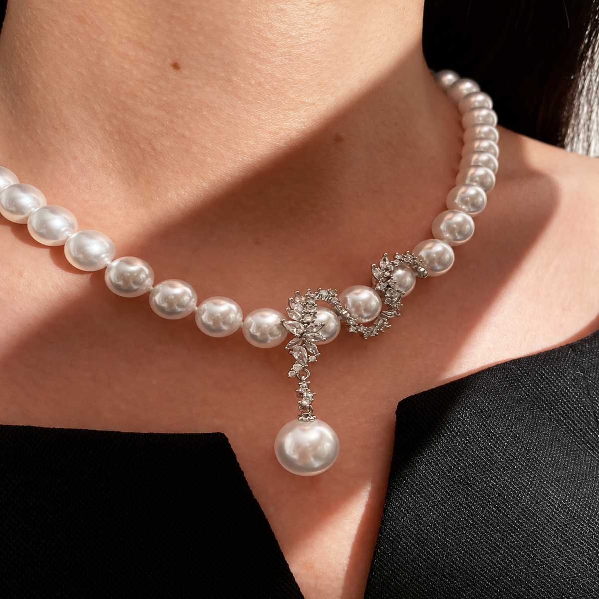 Aurora 10mm Akoya Pearl Crystal Floral Statement Necklace in Sterling Silver