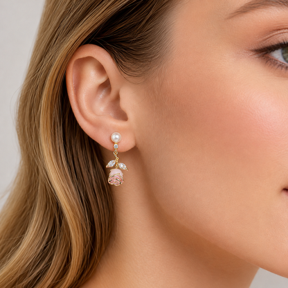 Rosen-Ohrringe aus 14 Karat Gold mit Süßwasserperlen und Zirkonia