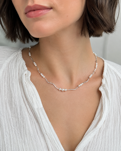Filigrane Perlenkette Damen aus 925 Silber mit Süßwasserperlen