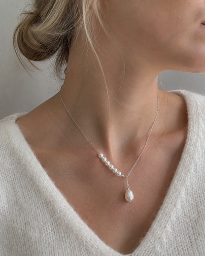 Women’s Y Pearl Necklace with Natural Pearls and Silver Drop
