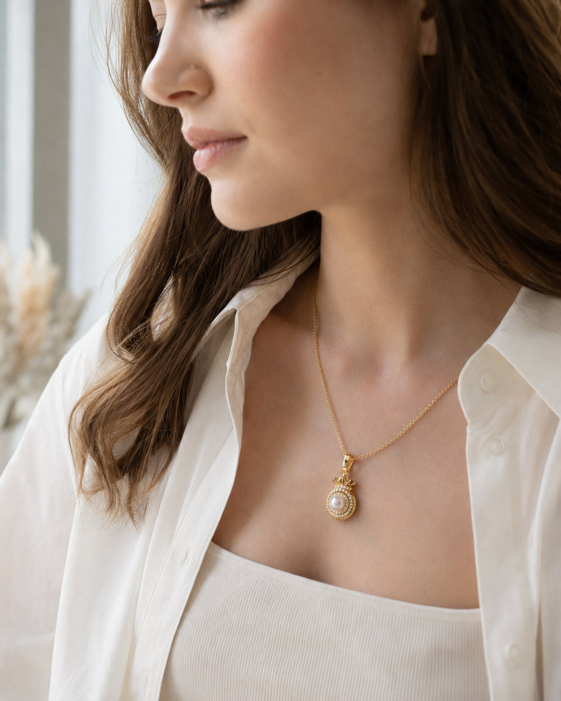 Perlenkette Damen mit Süßwasserperle & Zirkonia – gold- oder silberfarben