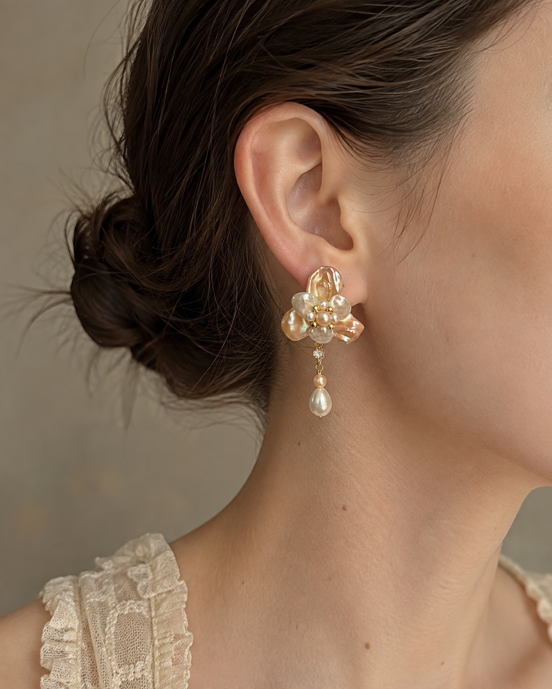Women’s Baroque Pearl Earrings with Floral Design