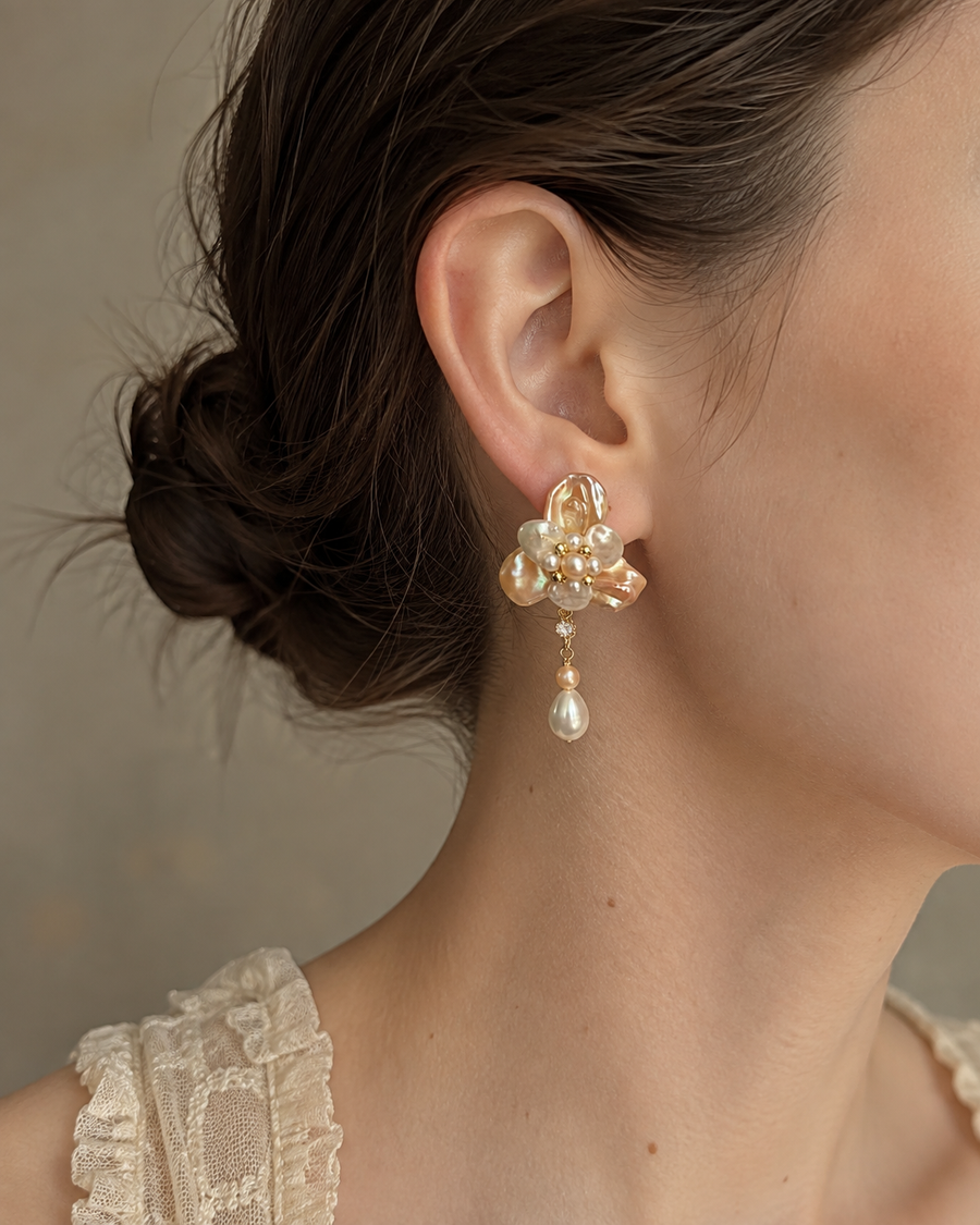 Women’s Baroque Pearl Earrings with Floral Design