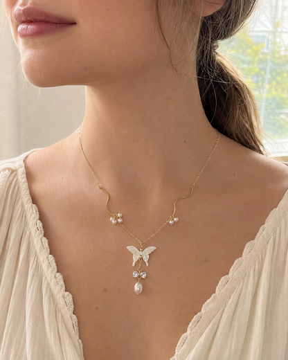 Women’s Butterfly Necklace with Natural Pearl and Mother-of-Pearl