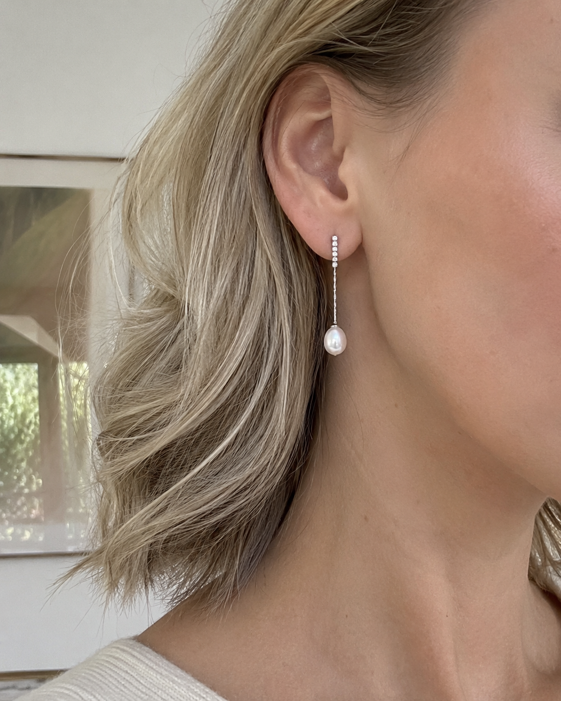 Long Natural Pearl Earrings with Fine Silver Chains