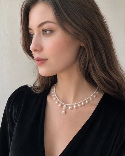 Belle 9mm Freshwater Pearl Drop Accent Necklace in Sterling Silver