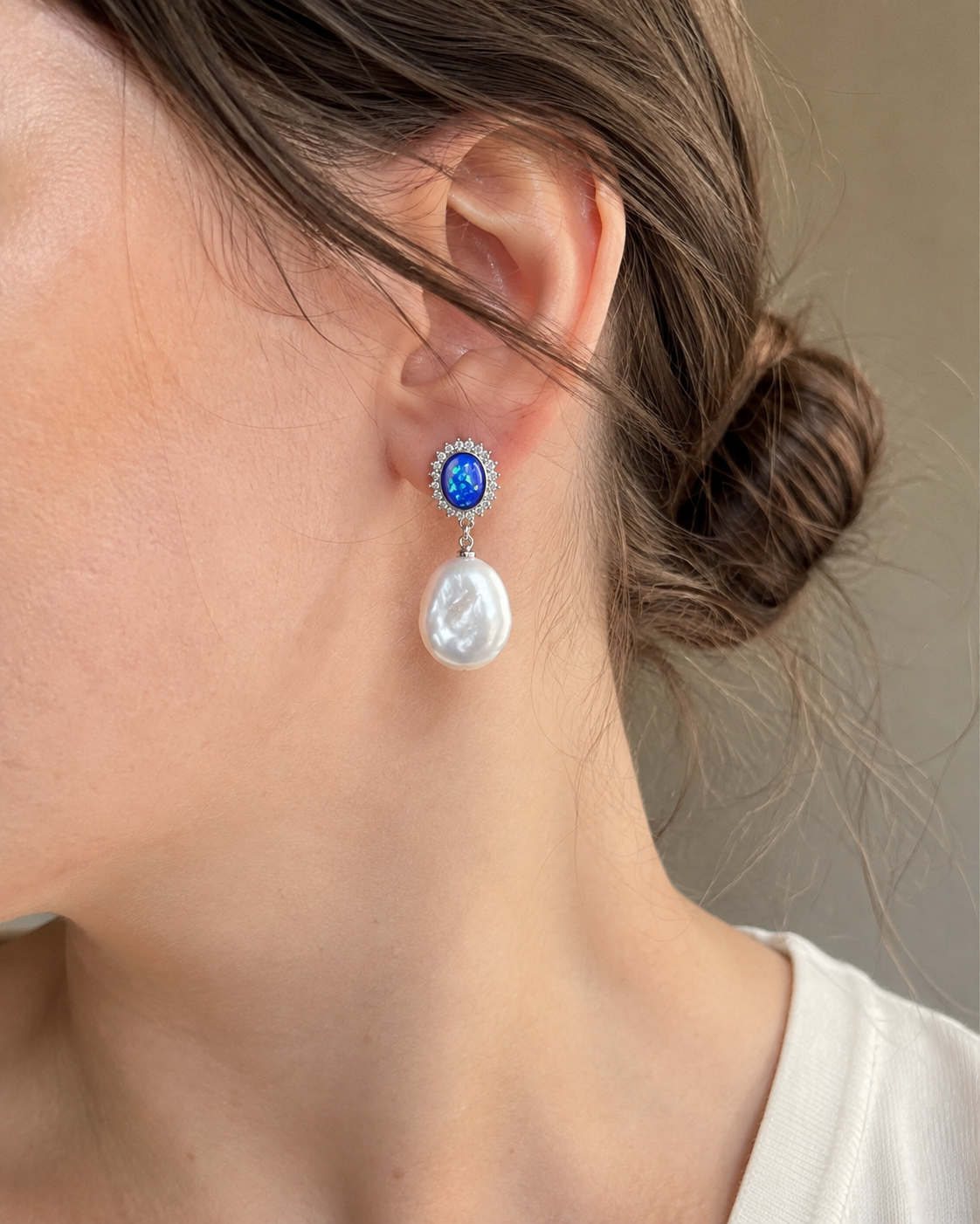 18K Gold Large Baroque Pearl Blue Halo Drop Earrings