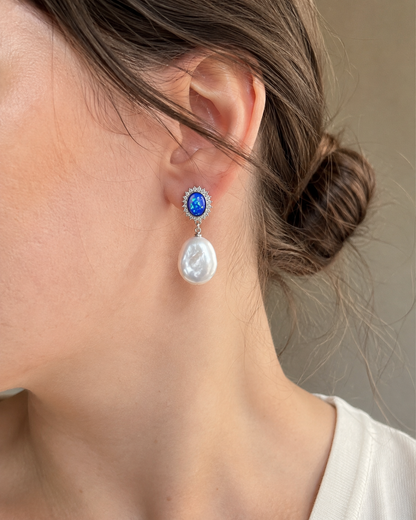 18K Gold Large Baroque Pearl Blue Halo Drop Earrings
