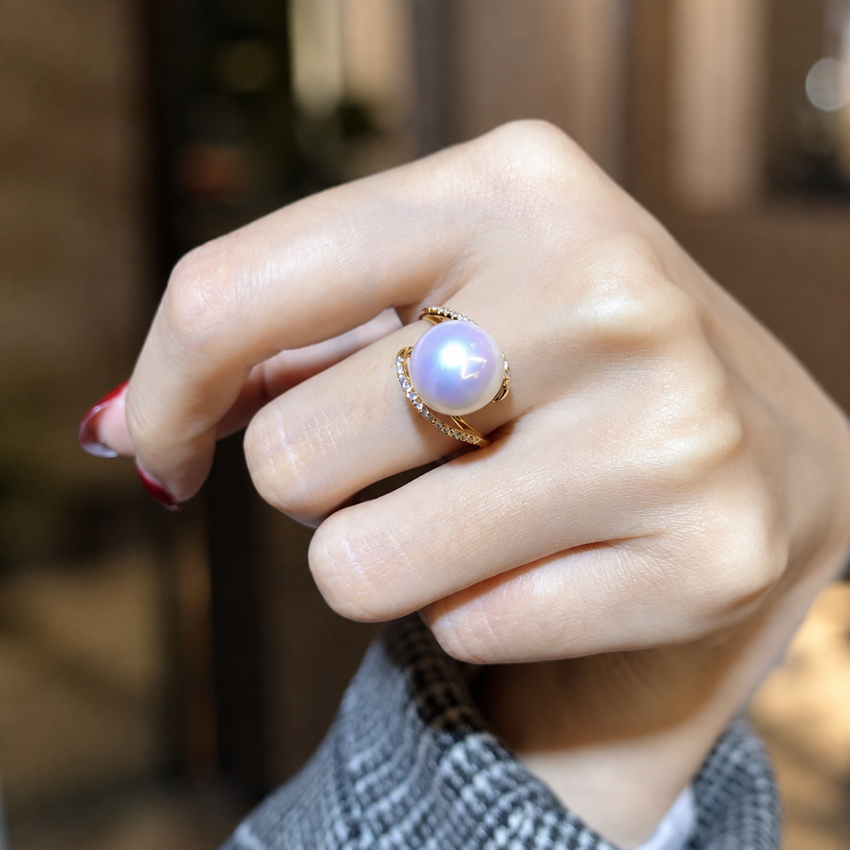 Cultured Pearl Adjustable Pavé Ring