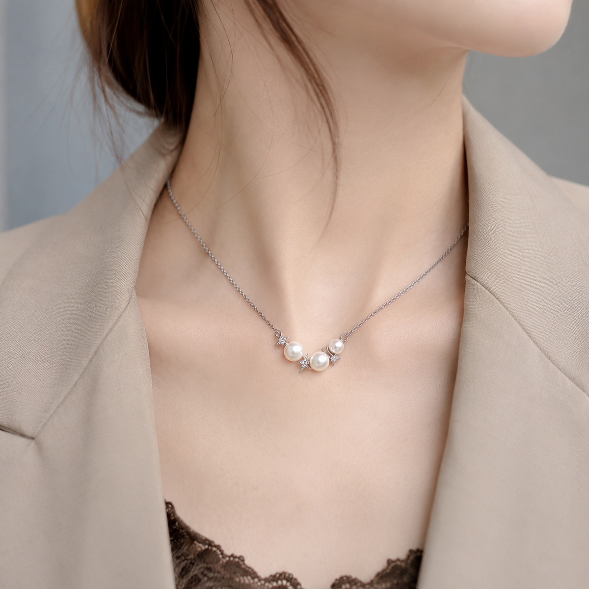 925 Sterling Silver Star Necklace with Natural Pearls