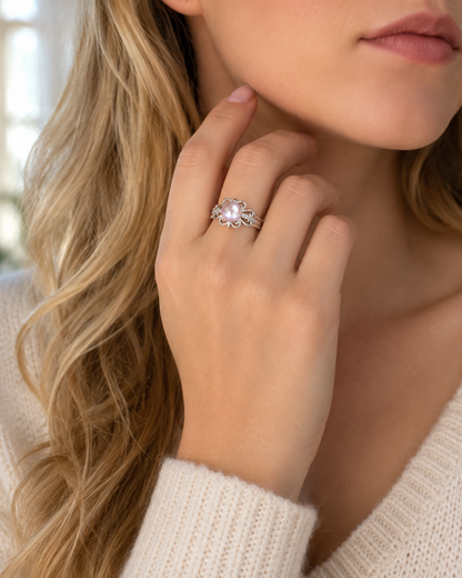 Doppelblumenring Damen mit rosa-lila Perlen – silberfarben