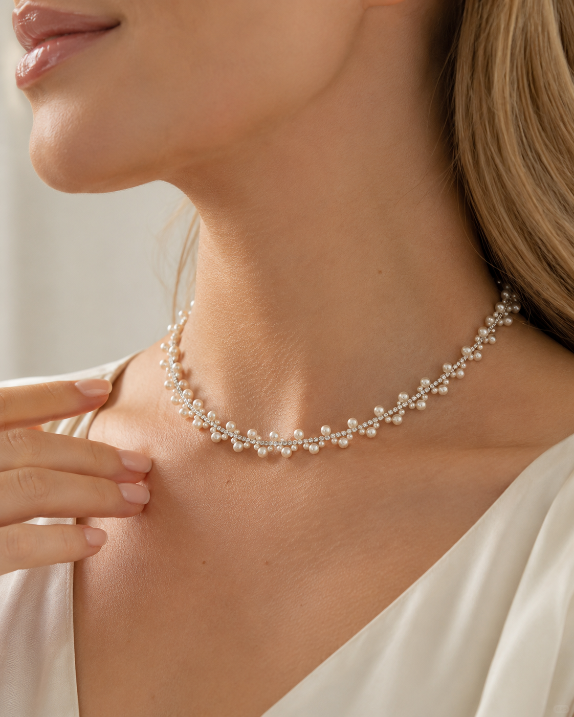 Kurze Perlenkette Damen mit Süßwasserperlen & Schmucksteinen – silberfarben