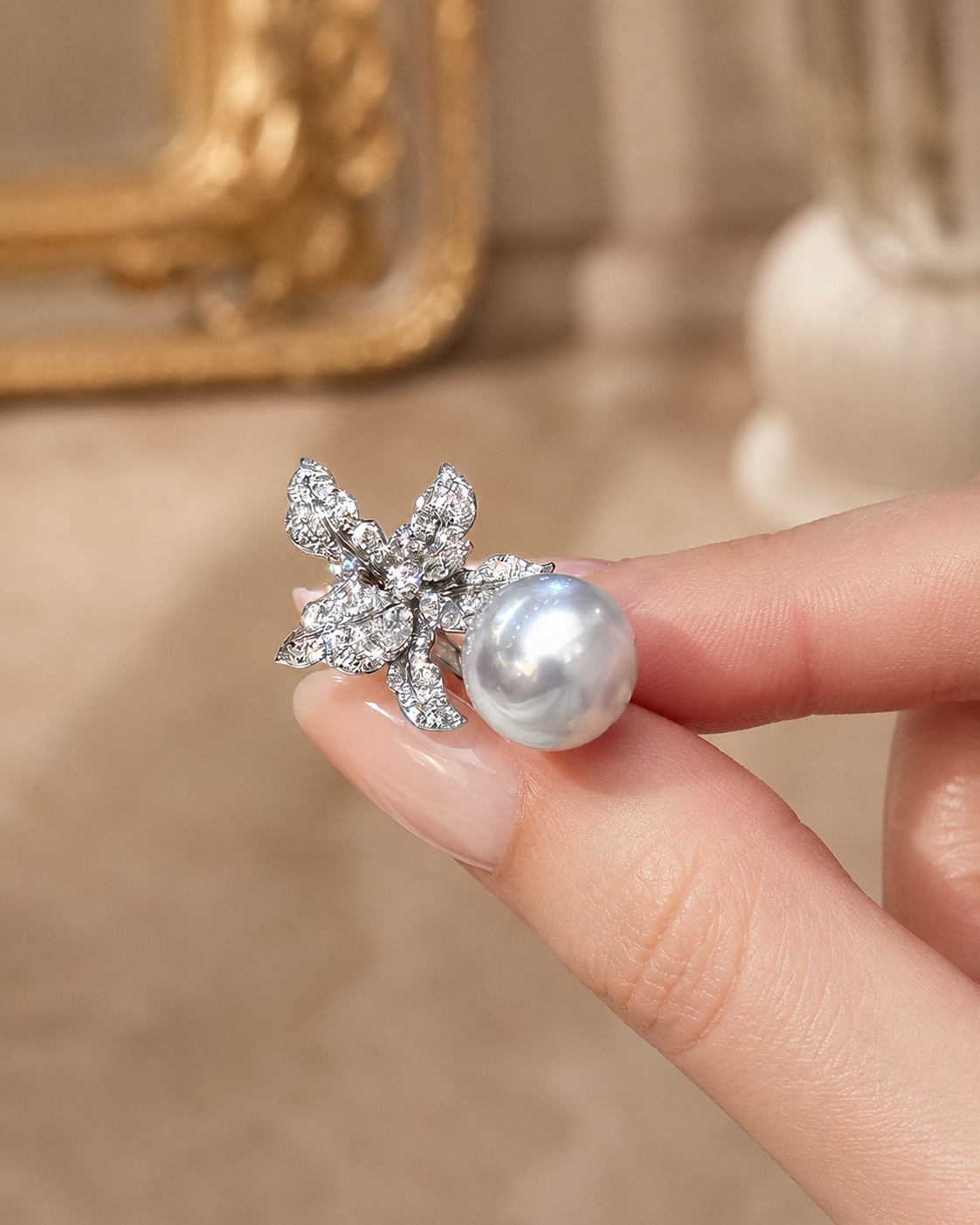 Luxury Akoya pearl statement ring with clear stone bow accents