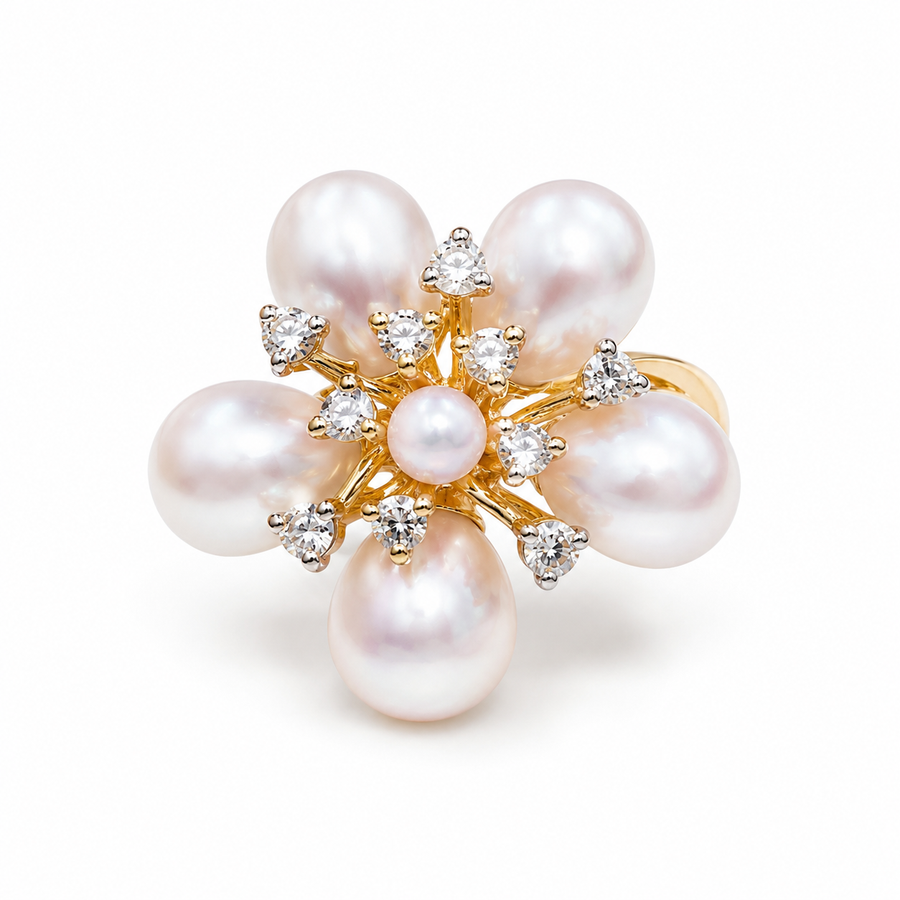 Pink Freshwater Pearl Flower Ring with Cubic Zirconia — Gold Tone