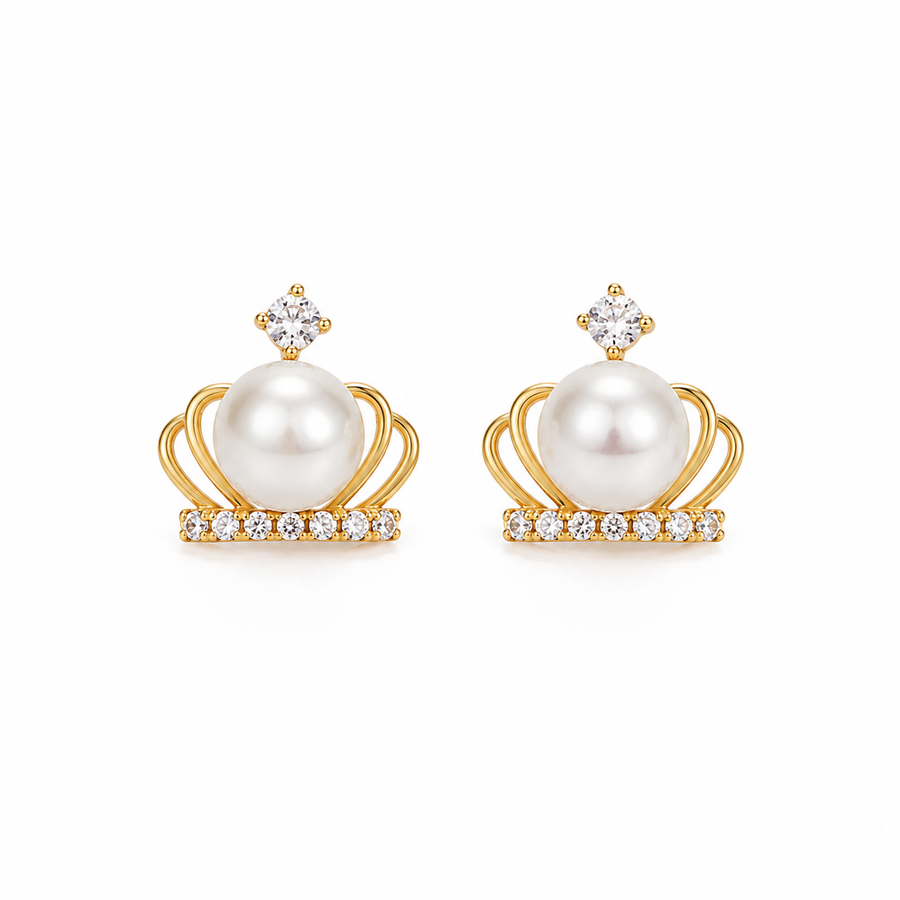 6.5mm Akoya pearl crown stud earrings worn on ear