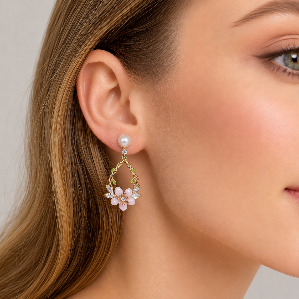 14K Gold CZ Floral Pearl Drop Earrings