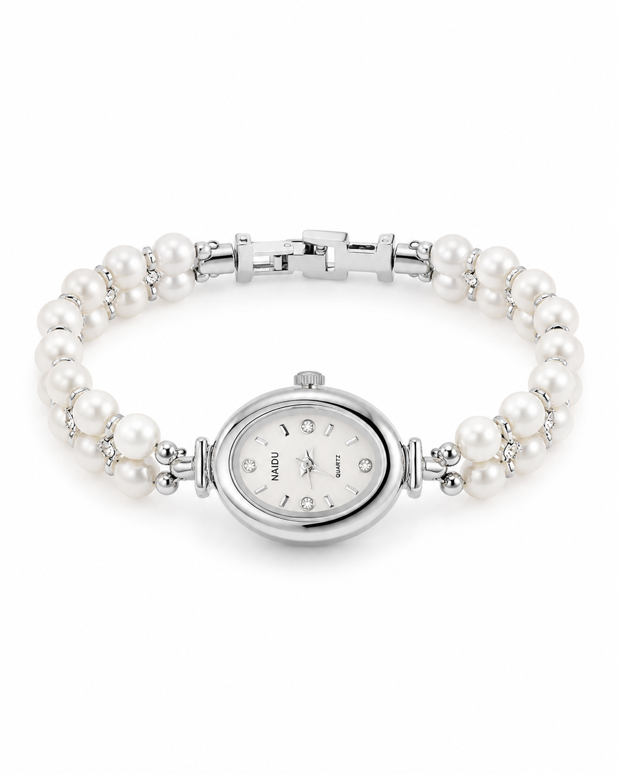 Women’s Pearl Bracelet Watch with Natural Pearls — Silver Tone