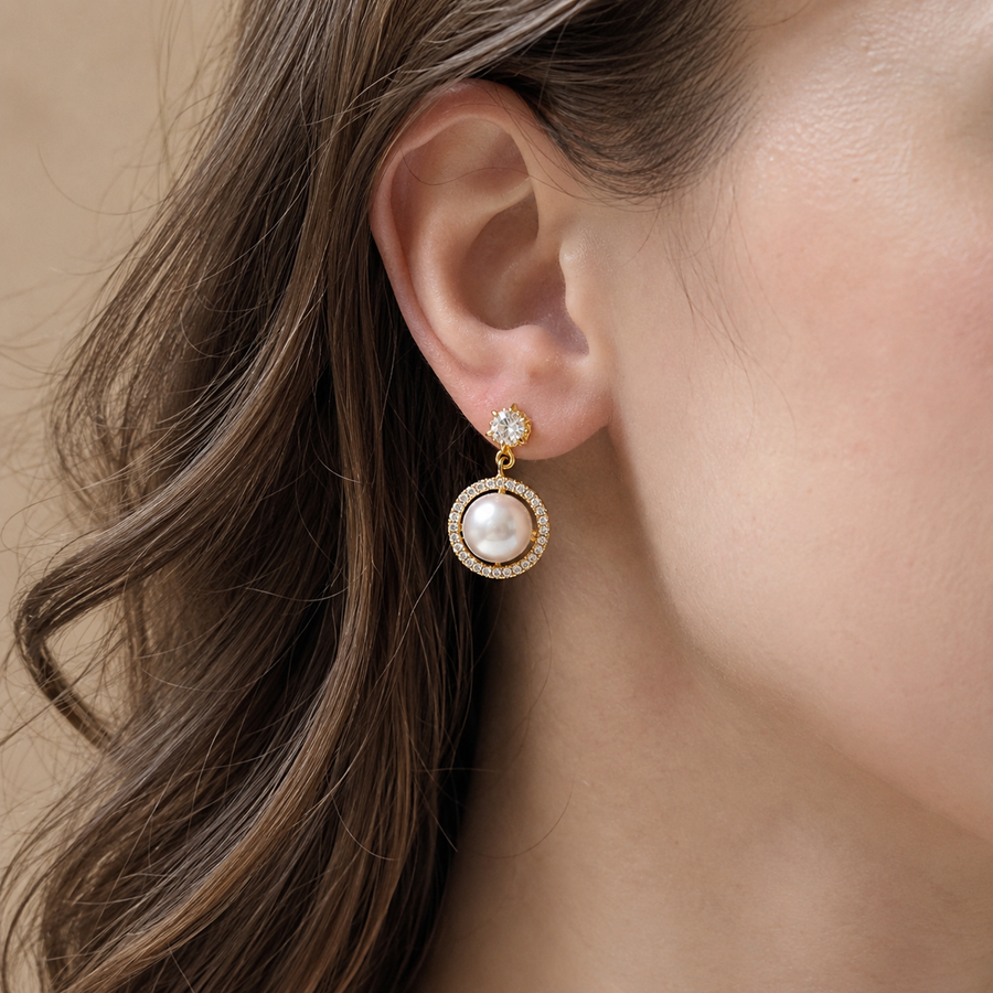18K Gold Freshwater Pearl Halo Drop Earrings