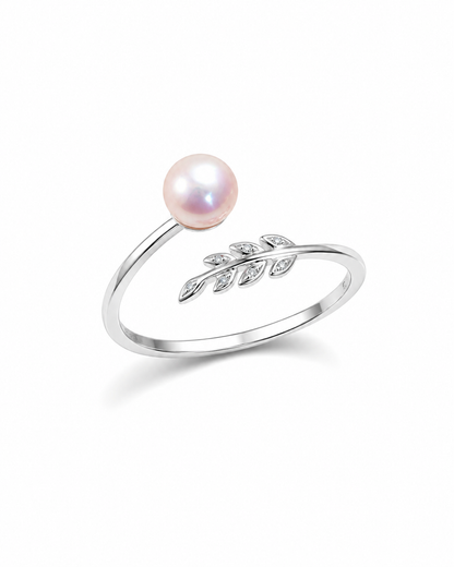 Verstellbarer Perlenring Damen aus 925 Silber mit Blattmotiv