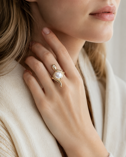 Schlangenring Damen mit Süßwasserperle & Zirkonia – goldfarben