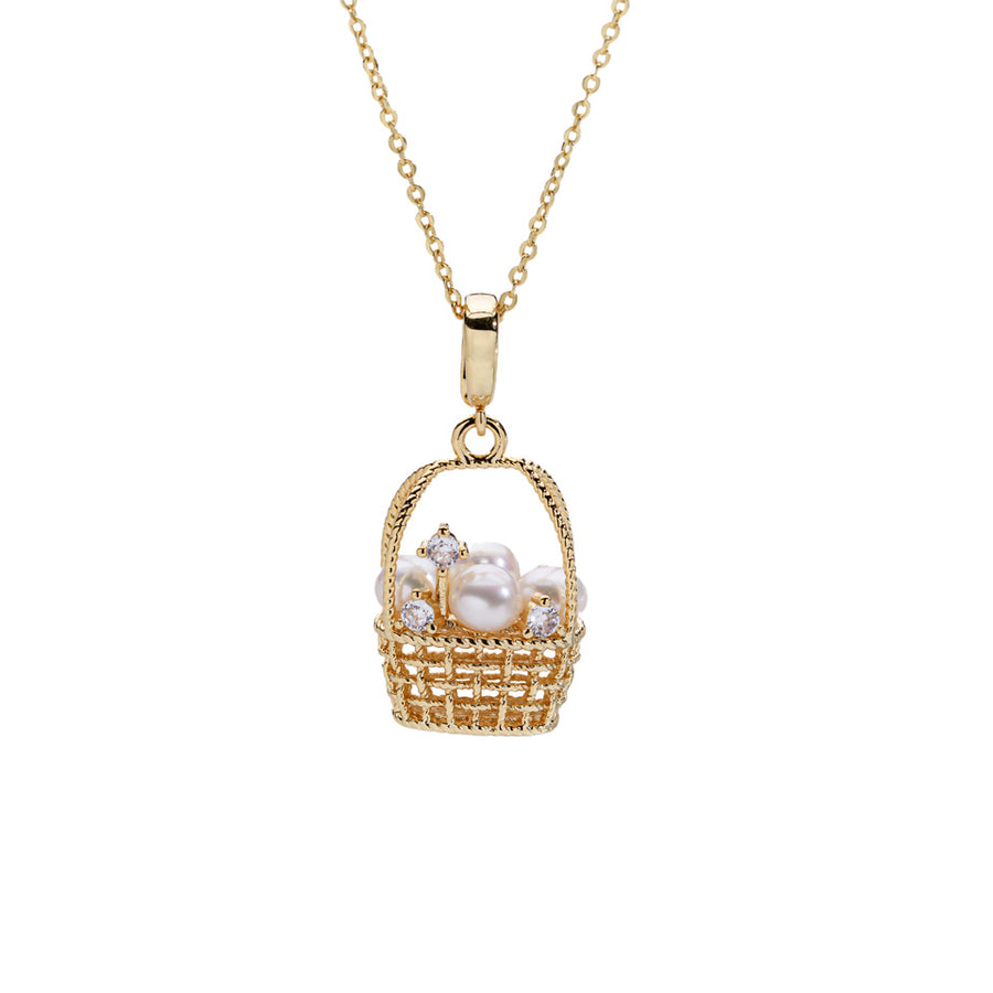Basket Necklace with Natural Freshwater Pearls and Cubic Zirconia