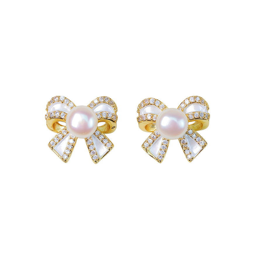Bow Stud Earrings with Natural Freshwater Pearl