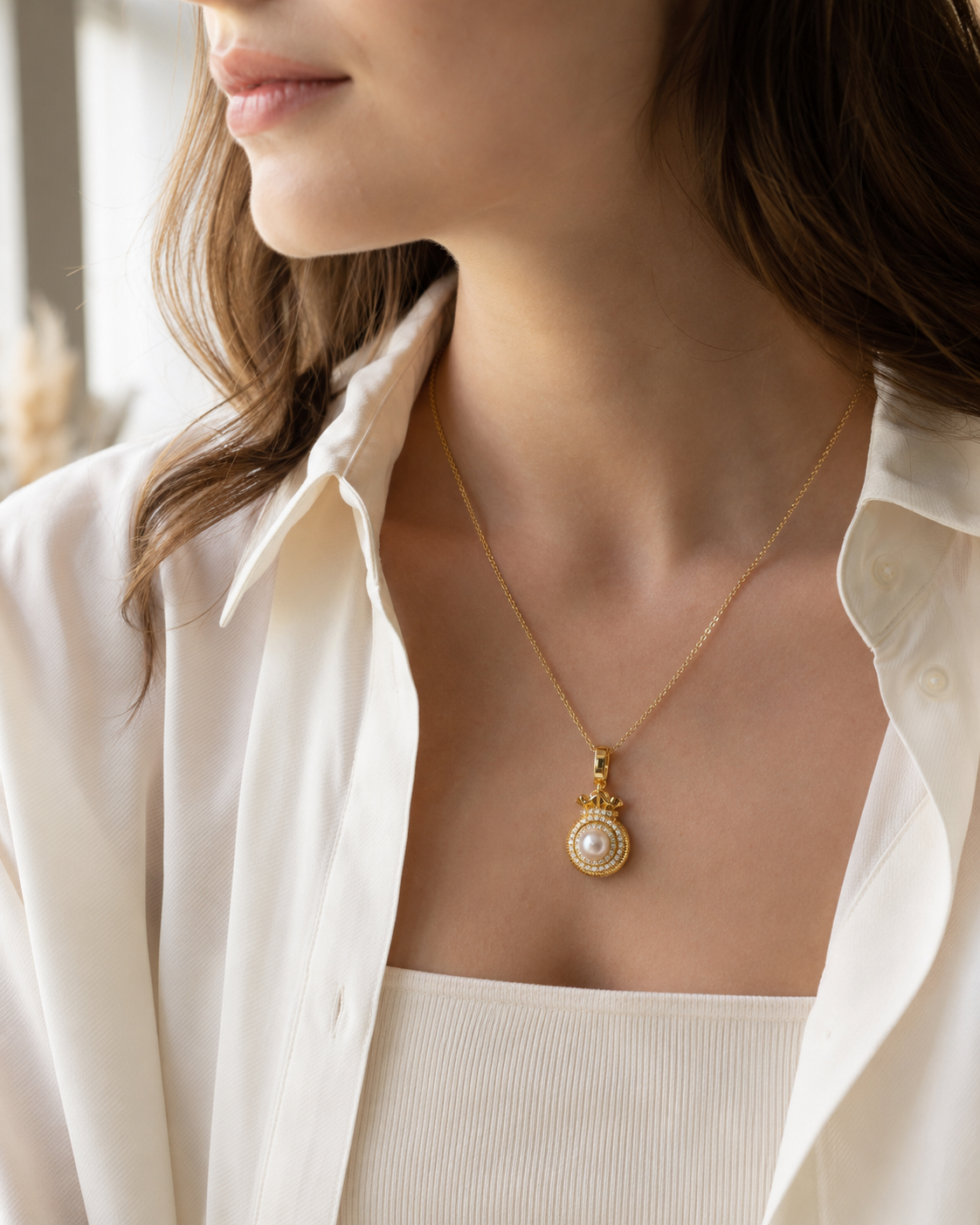 Perlenkette Damen mit Süßwasserperle & Zirkonia – gold- oder silberfarben