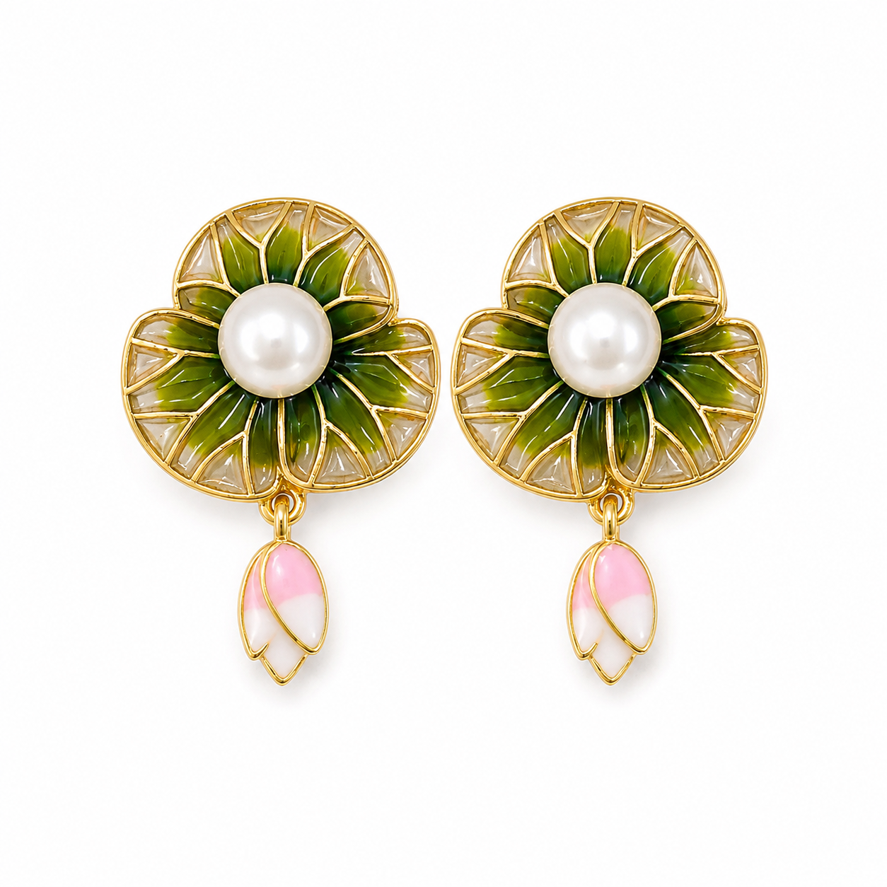 Blumenohrringe Damen mit Süßwasserperle – grün & goldfarben