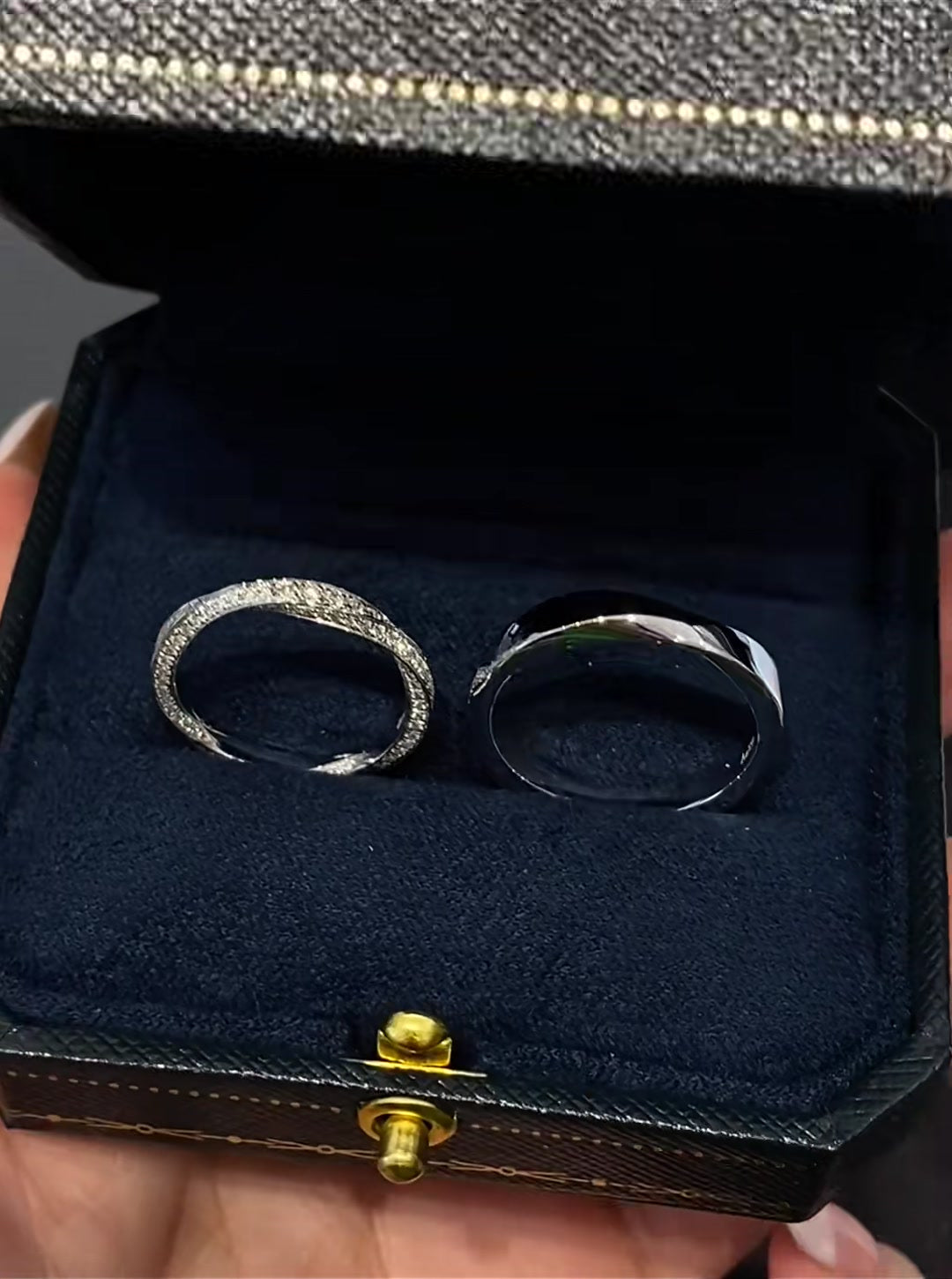 Close-up of lab-grown diamond matching couple wedding ring set for civil weddings