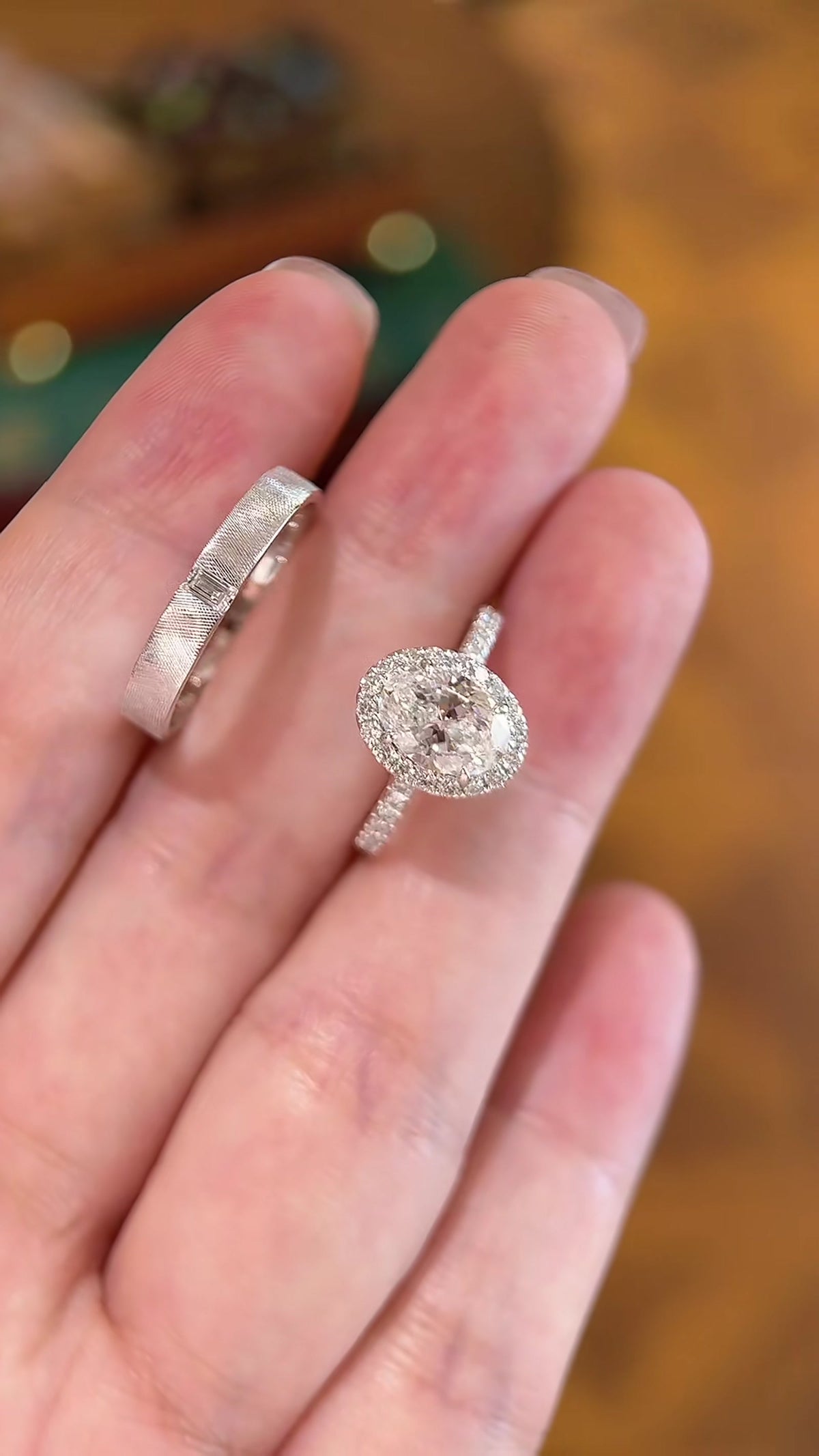 Front view of lab-grown diamond halo bridal ring for engagement proposals