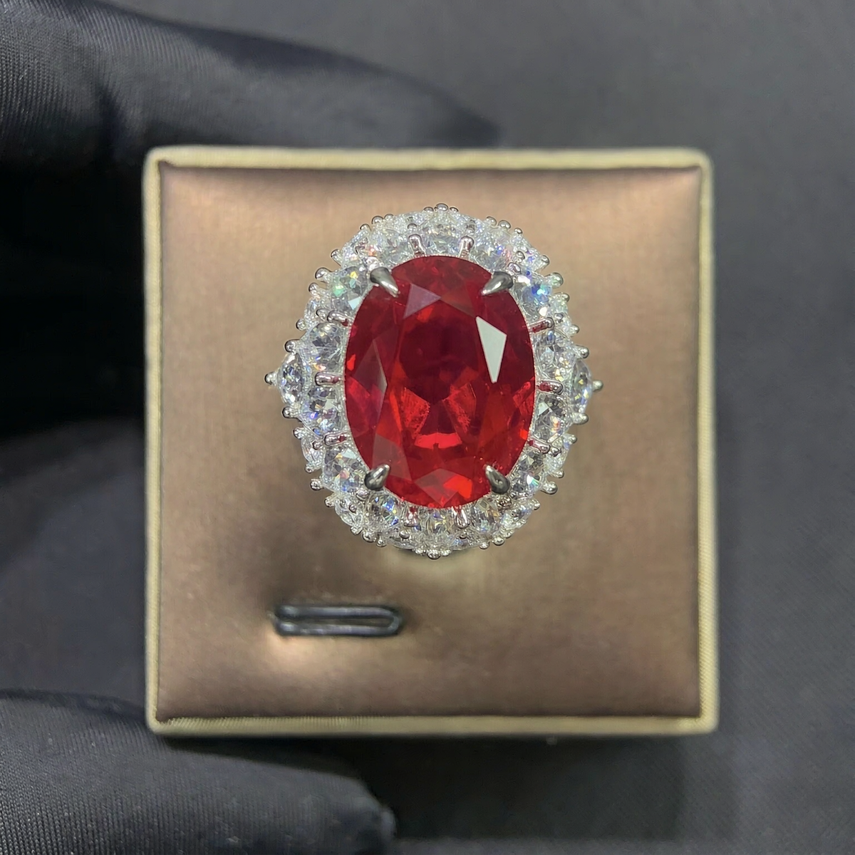 Front view of heart-cut lab-grown ruby halo ring for romantic proposals