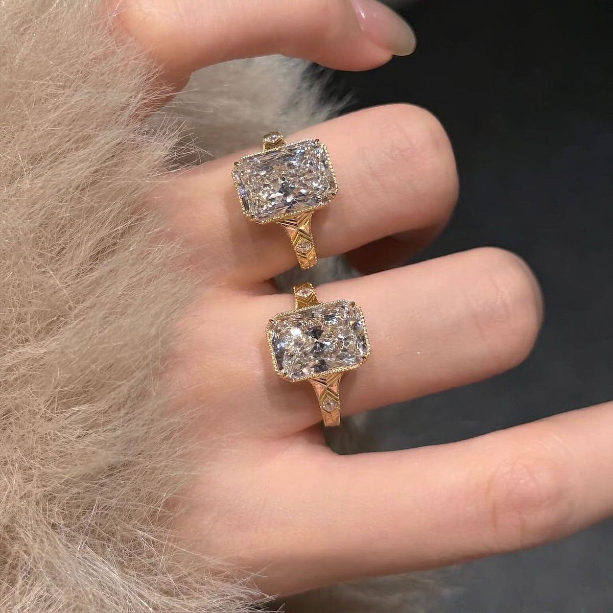 Styled view of radiant-cut lab-grown diamond engagement ring for modern proposals