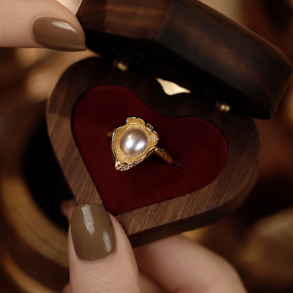 14K gold freshwater pearl ring presented in a heart-shaped box
