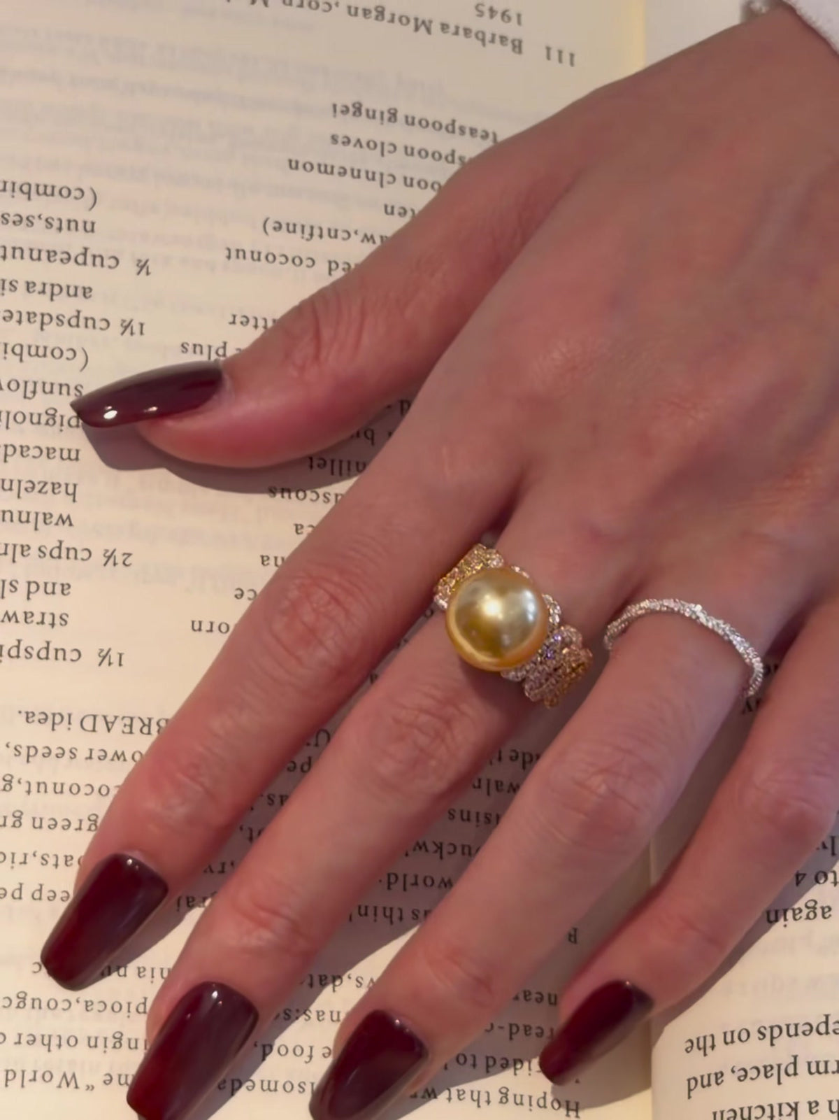 Front view of statement high-lustre freshwater pearl ring for anniversary dinners