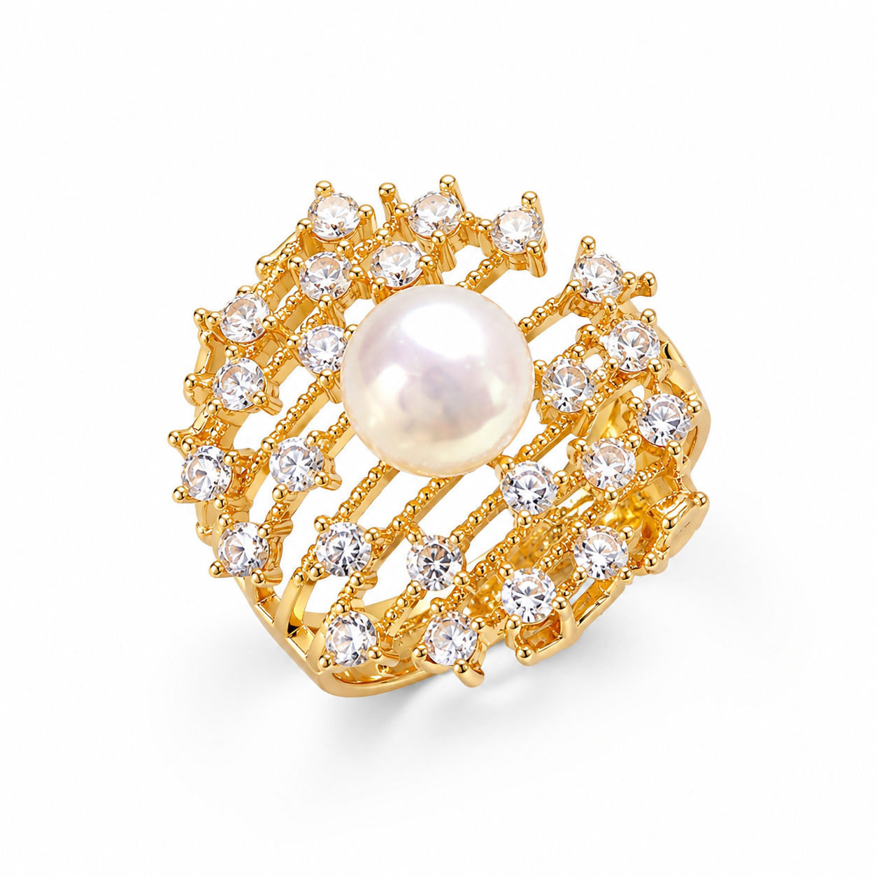 Halo Süßwasserperlen-Ring mit Zirkonia – 14K Gold oder 925 Sterlingsilber