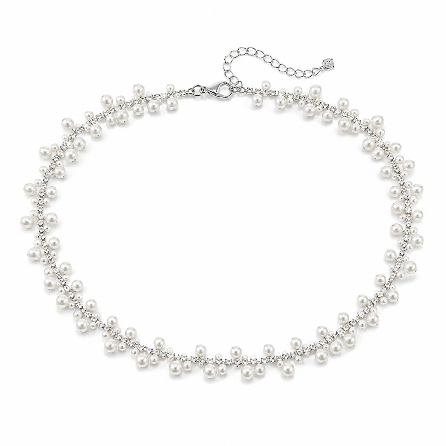 Short Freshwater Pearl and Sparkling Stone Necklace — Silver Tone