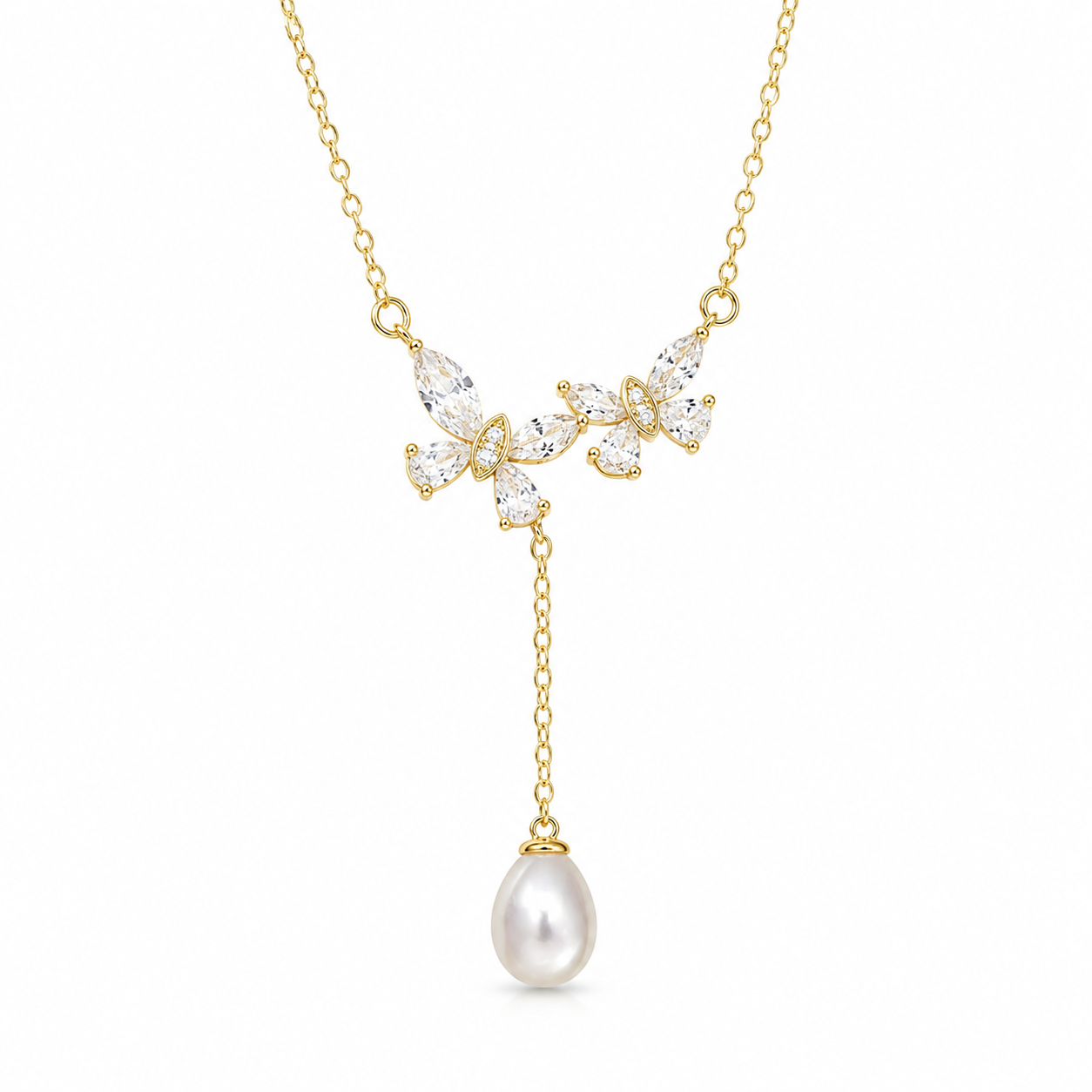Fleur Y-Halskette aus 14K Gold mit Süßwasserperle und Zirkonia