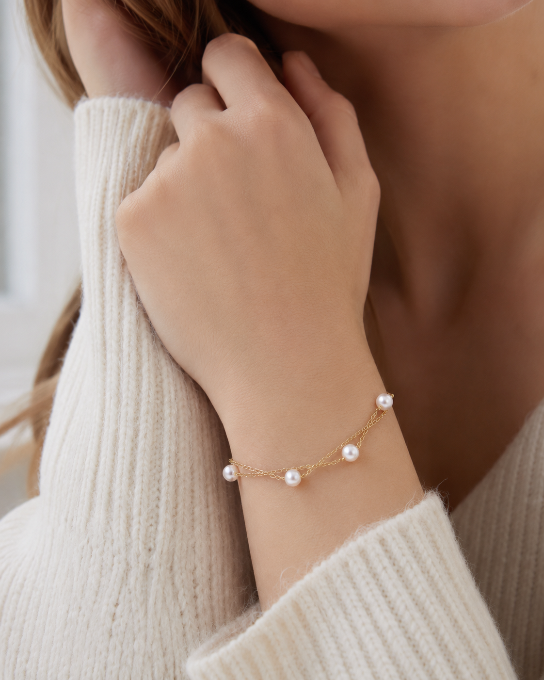 Perlenarmband Damen mit Süßwasserperlen – zweireihig & goldfarben