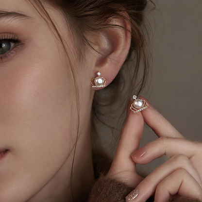 6.5mm Akoya pearl crown stud earrings worn on ear