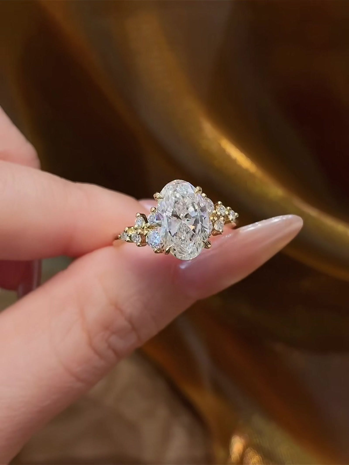 Front view of lab-grown diamond oval romantic engagement ring for city proposals