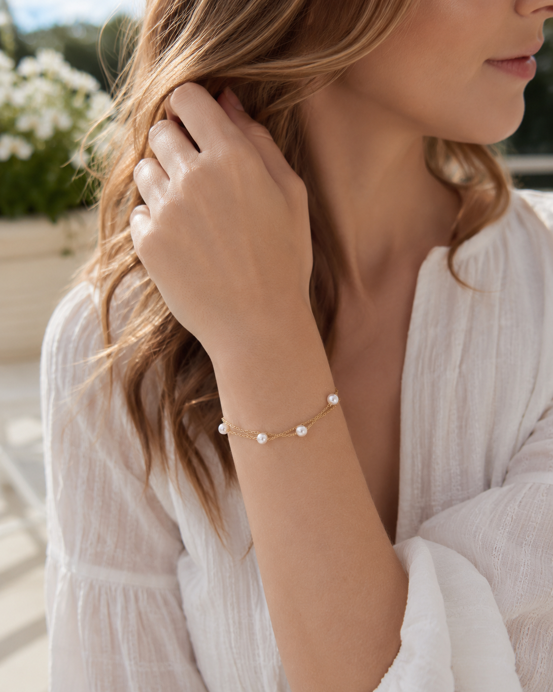 Perlenarmband Damen mit Süßwasserperlen – zweireihig & goldfarben