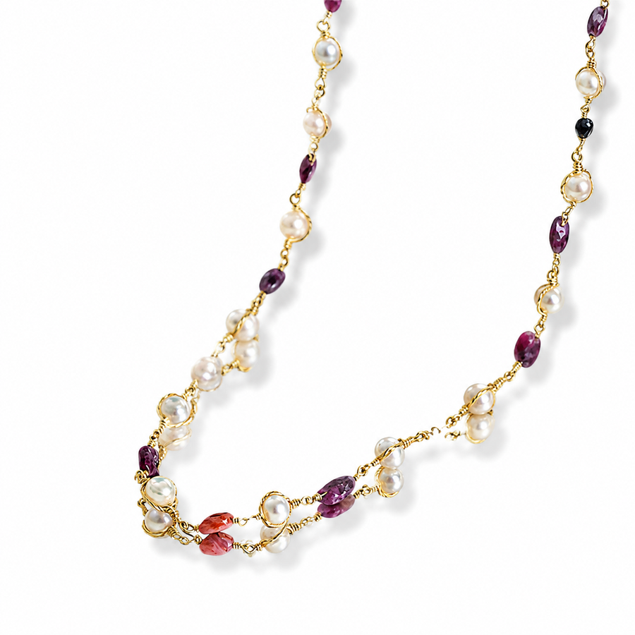 Seraphine Long Pearl & Purple Gemstone Necklace