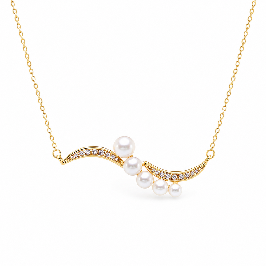 14K Gold Wave Necklace with Freshwater Cultured Pearls and Cubic Zirconia
