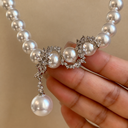 Aurora 10mm Akoya Pearl Crystal Floral Statement Necklace in Sterling Silver