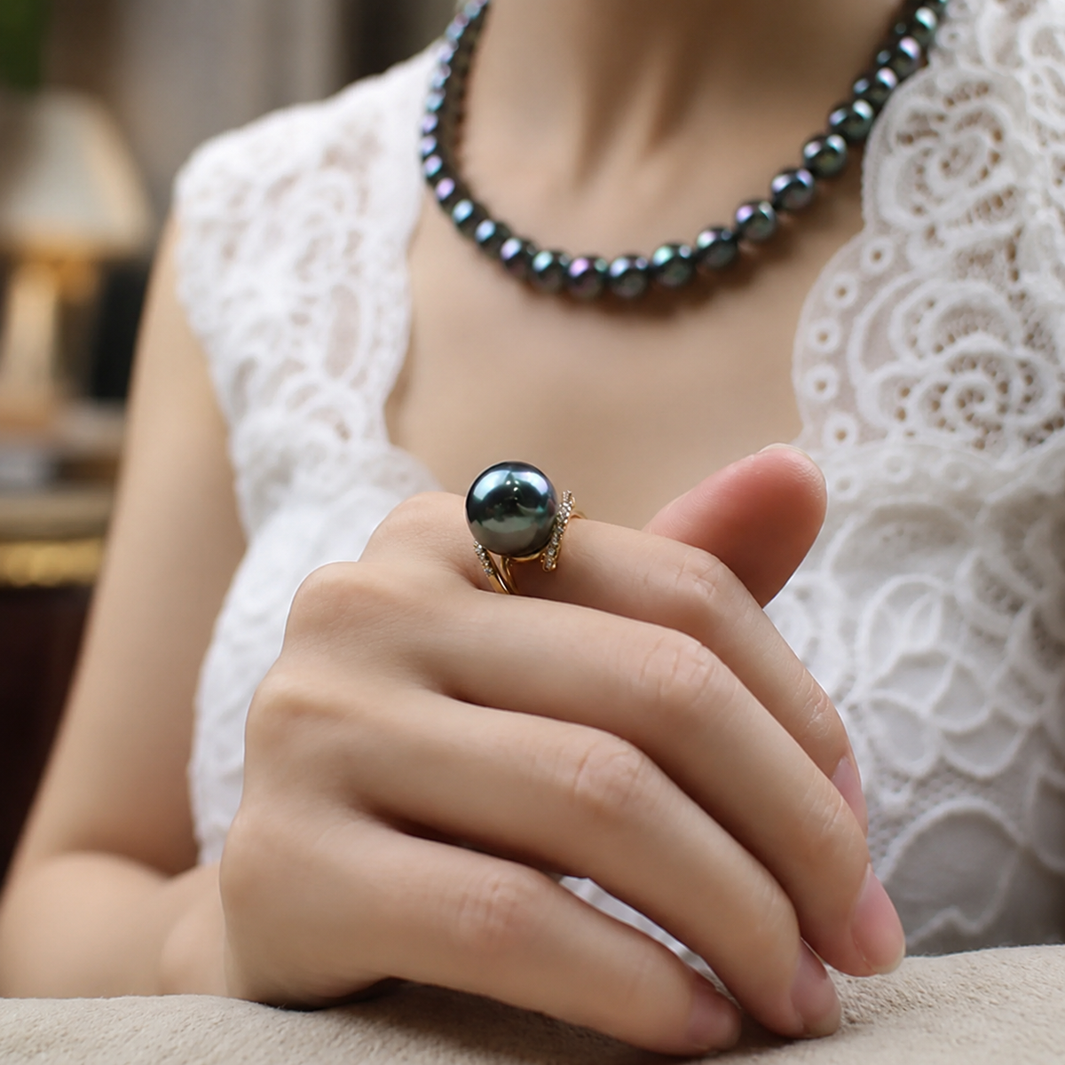 Cultured Pearl Adjustable Pavé Ring