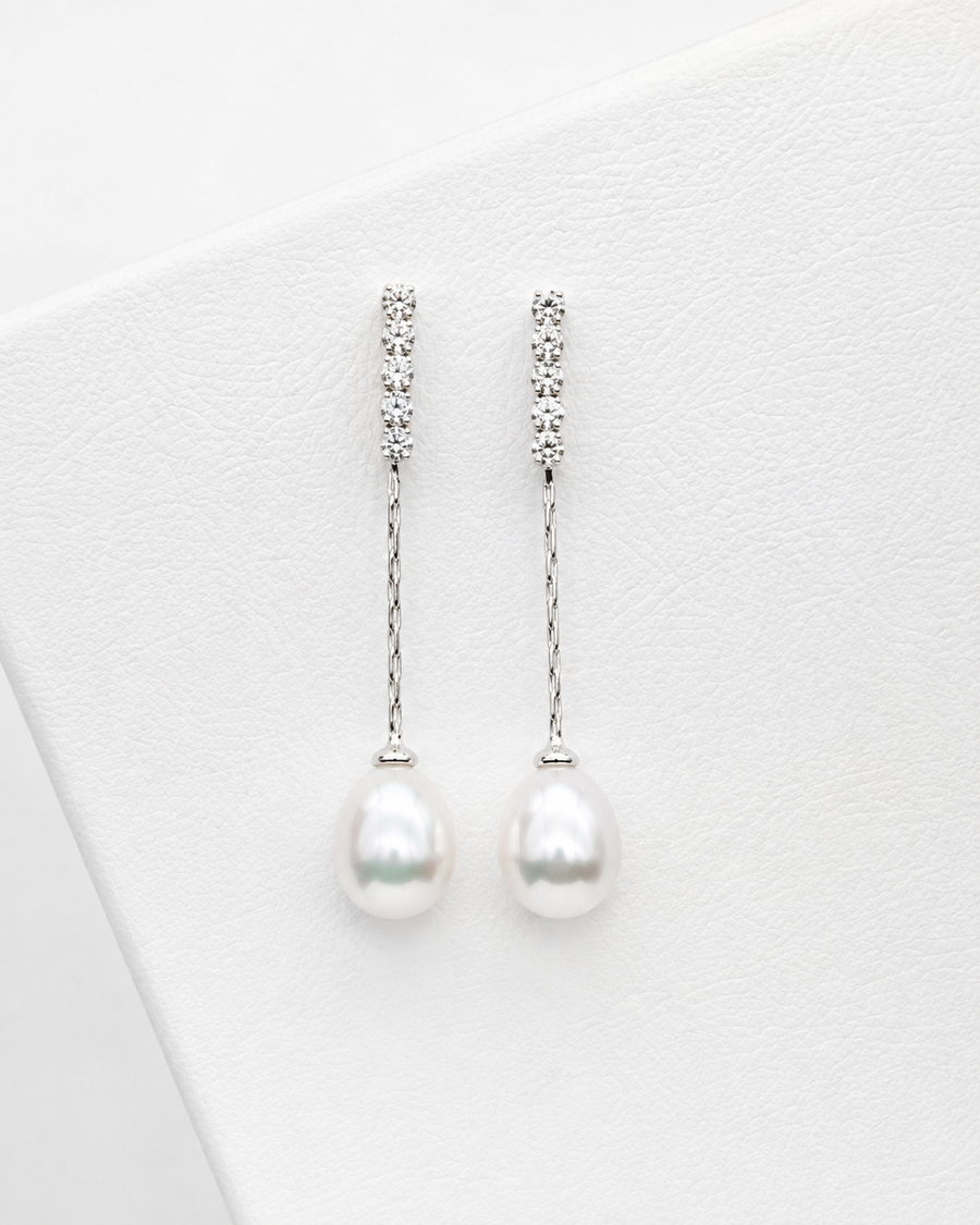 Long Natural Pearl Earrings with Fine Silver Chains