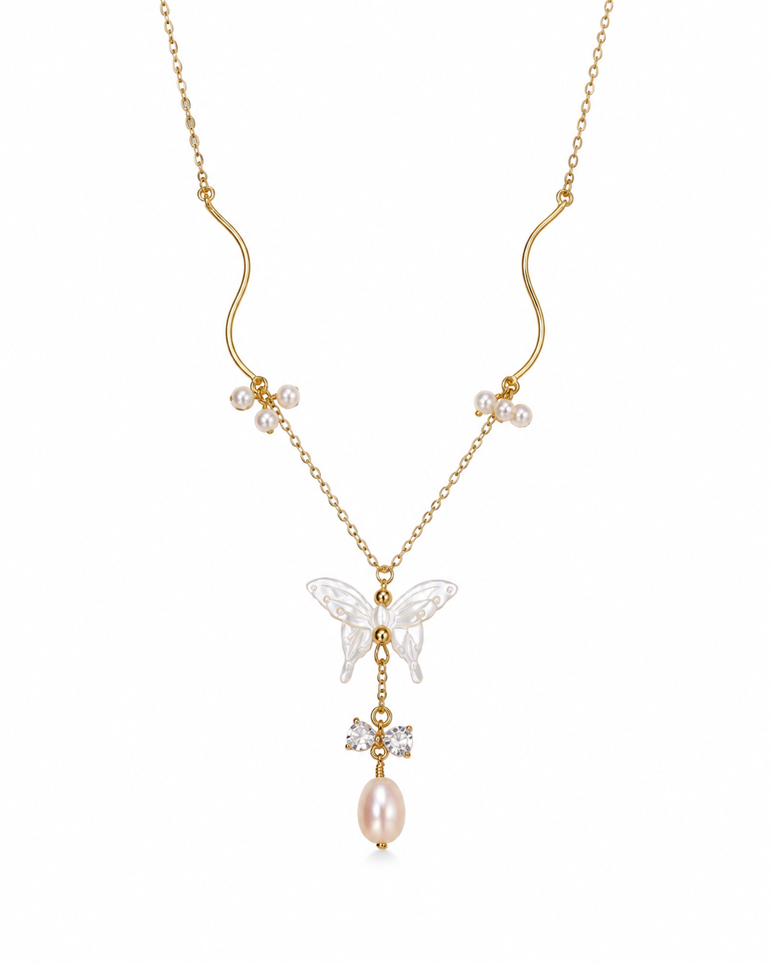 Women’s Butterfly Necklace with Natural Pearl and Mother-of-Pearl